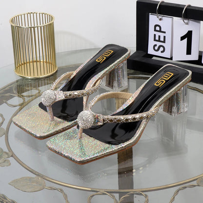 Women's Rhinestone Square Toe Flip Flops with Transparent Thick Heel