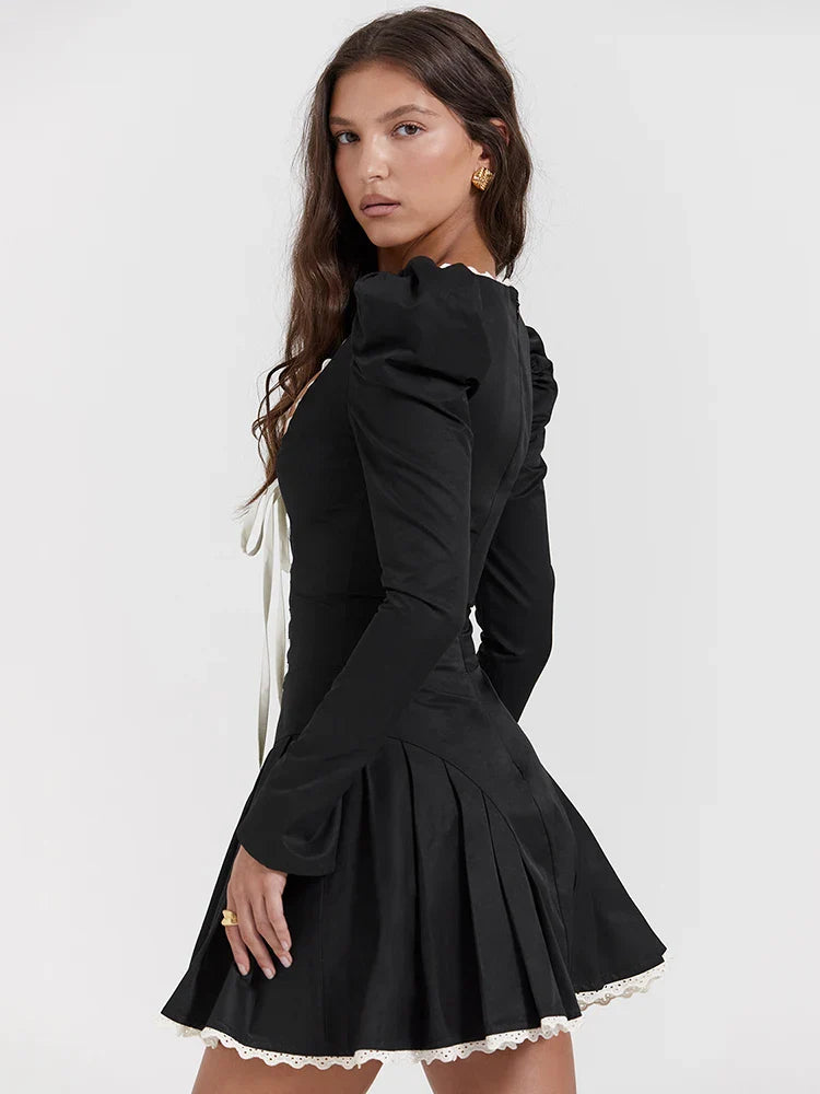 Lace Bandage Puff Sleeve Ruched Bodycon Dress
