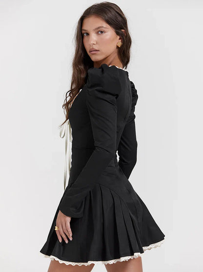 Lace Bandage Puff Sleeve Ruched Bodycon Dress