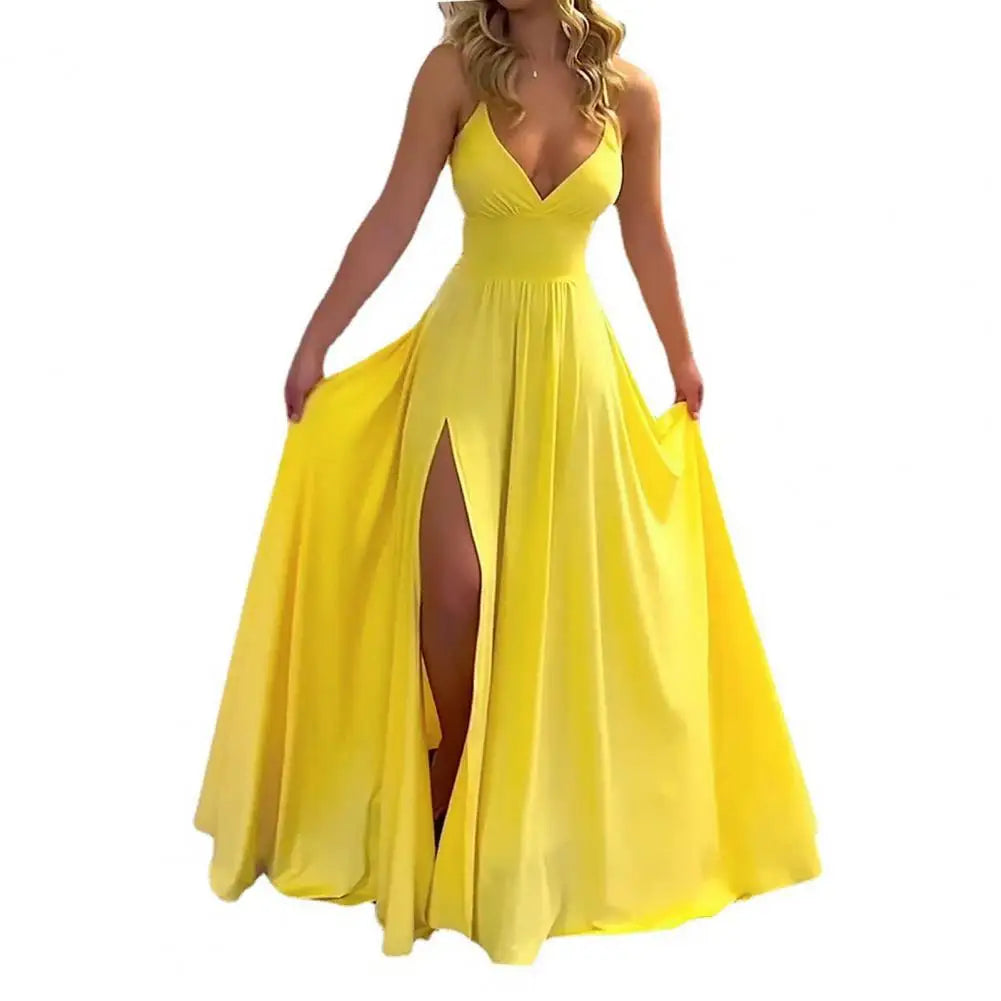 Plunging V-Neck Spaghetti Strap Ruched Waist High Slit Maxi Gown