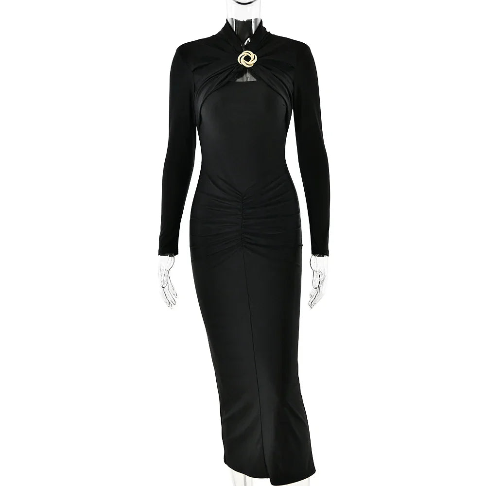 Long Sleeved Pleated Hollowed Out Maxi Dress