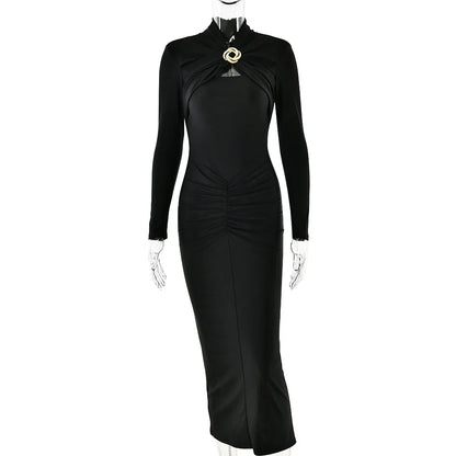 Long Sleeved Pleated Hollowed Out Maxi Dress