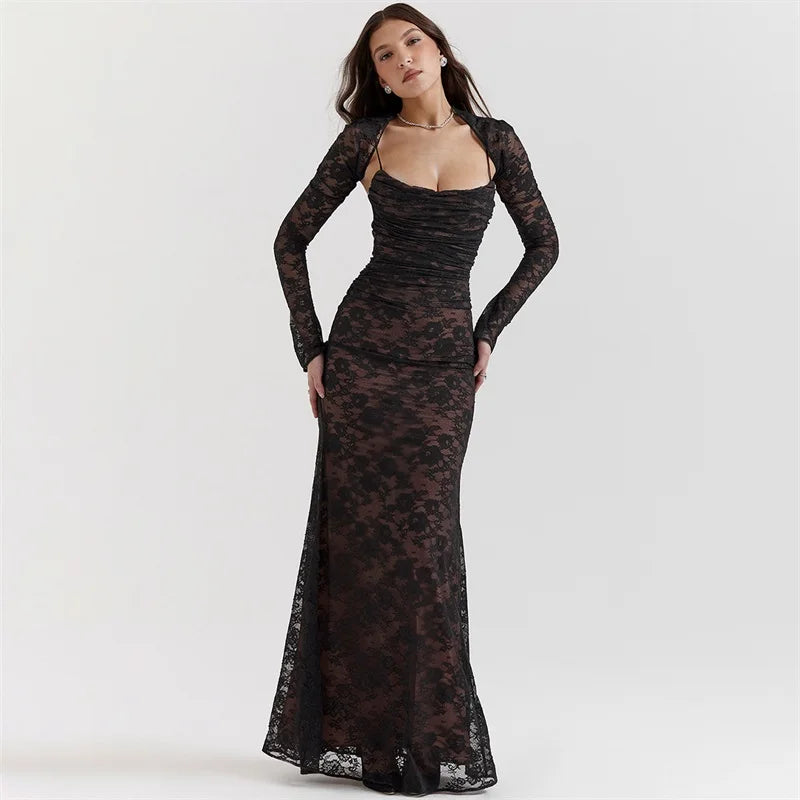Ivory Lace Two-Piece Sexy Back Tie Prom Dress