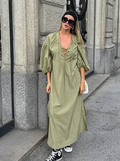 Lace Up V-Neck Balloon Sleeve Side Slit Maxi Dress