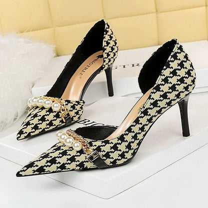Spring Pearl Metal Chain High-heels Checked Grain Stilettos Women