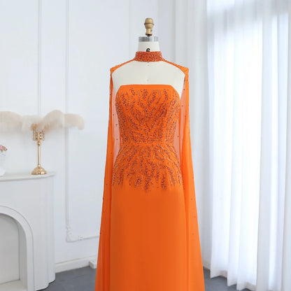 Orange Strapless Evening Dress with Cape Sleeve