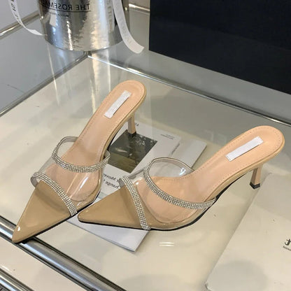 Crystal PVC Transparent Pointed Toe Women Slippers Thin Heels Sandals