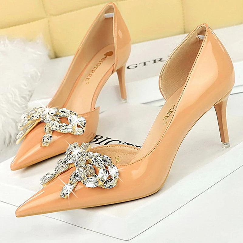 Nude Rhinestone Bowknot High Heels Patent Leather Women Pumps