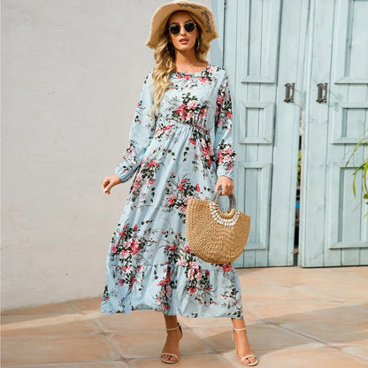 Ditsy Floral Crew Neck Lantern Sleeve Smocked Waist Ruffle Hem Maxi Dress