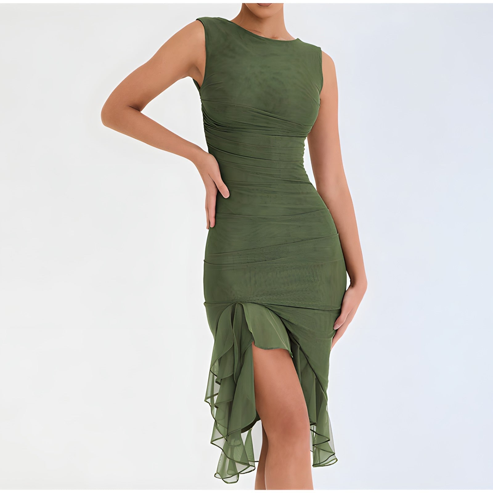 Sleeveless Crew Neck Ruched Bodycon Asymmetrical Ruffle Hem Midi Dress