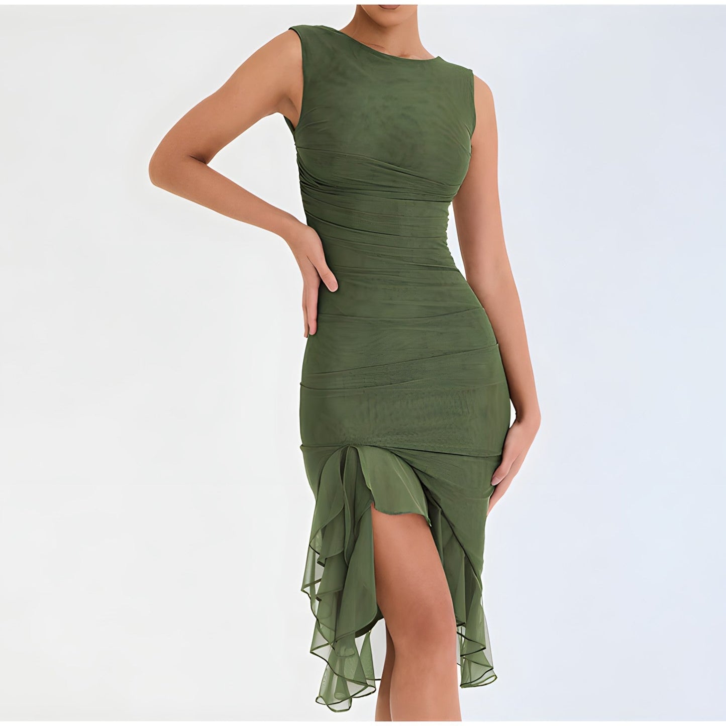 Sleeveless Round Neck Ruched Tiered Ruffle Hem High Split Midi Dress