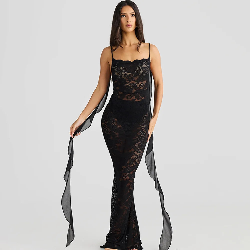 | Backless Lace Mermaid Gown with Chiffon Streamers