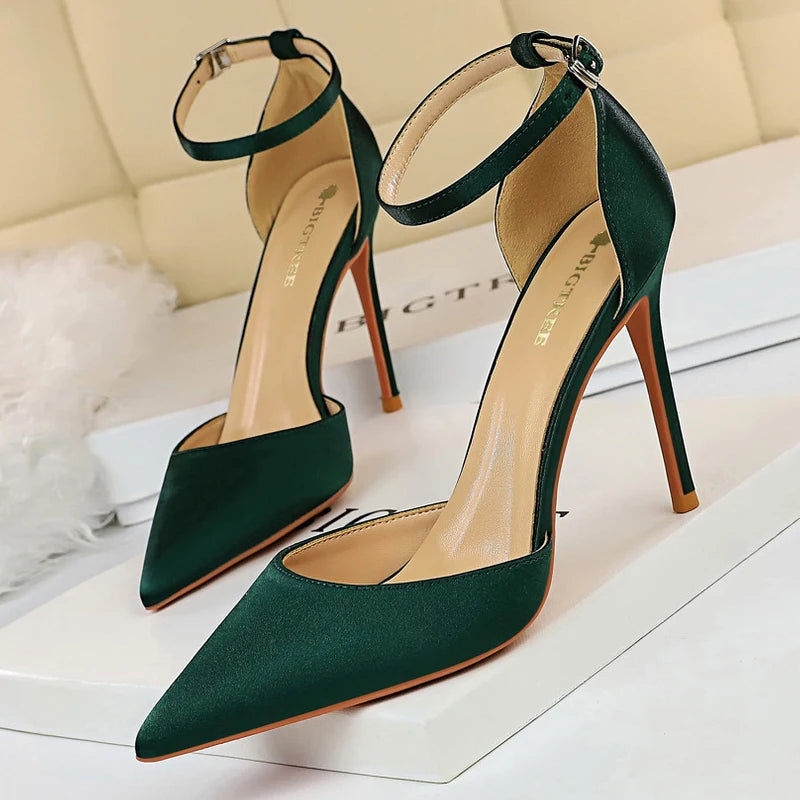 Satin Shallow Pointed Women Pumps with Buckle High Heels