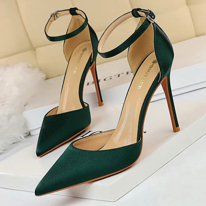 Satin Shallow Pointed Women Pumps with Buckle High Heels