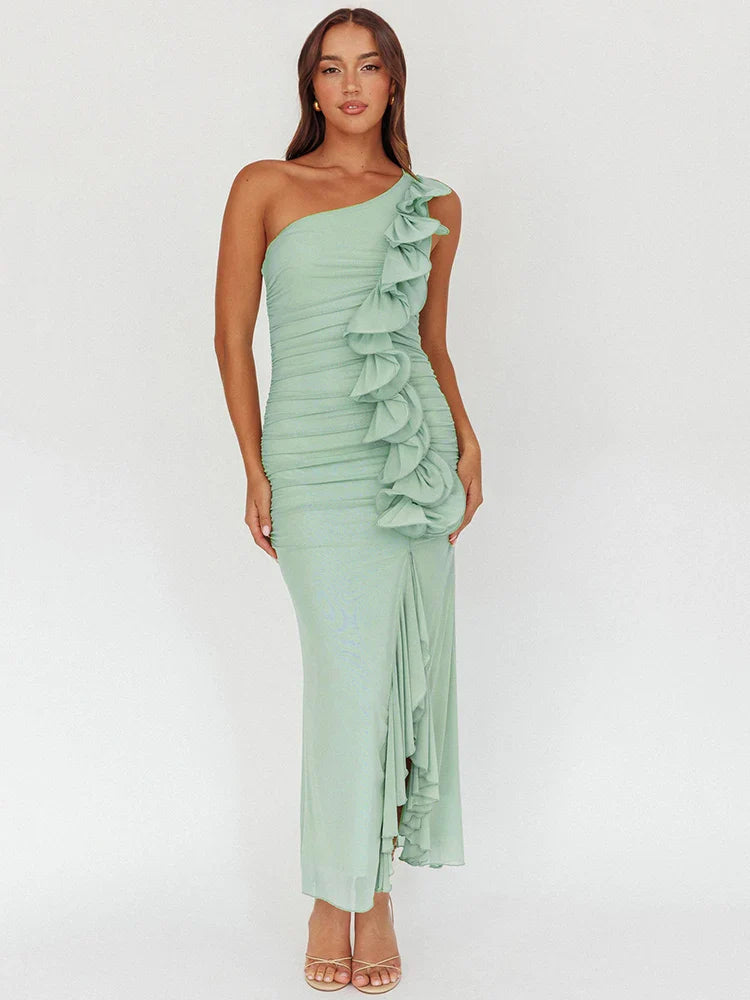 One Shoulder Draped Ruffle Bodycon Dress