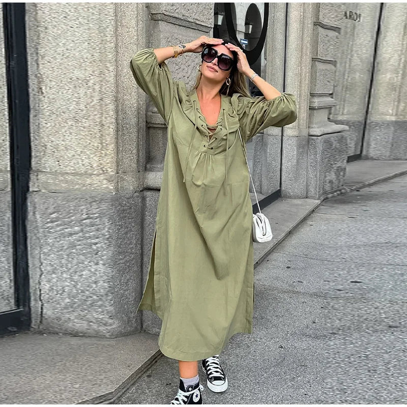 Lace Up V-Neck Balloon Sleeve Side Slit Maxi Dress