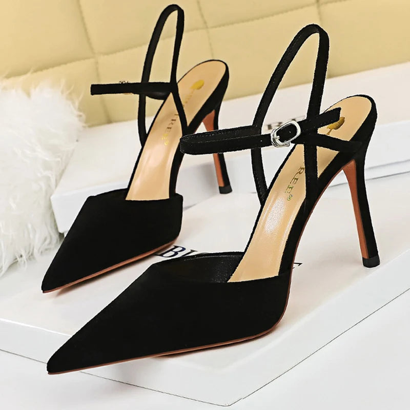 Suede Women Sandals Pointed Toe High Heels Summer Hollow Out