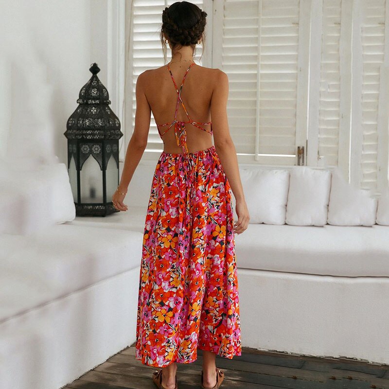 Halter Neck Keyhole Chest Waist Cutout Floral Print Side Slit Maxi Dress