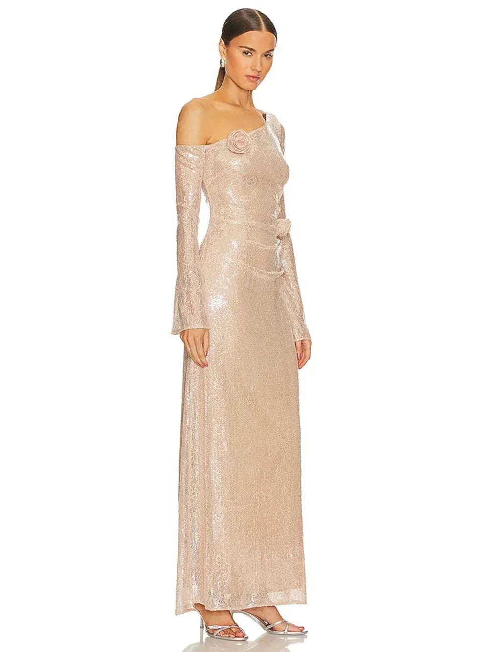 Mesh Sequin 3D Flower Long Sleeve Bodycon Maxi Dress
