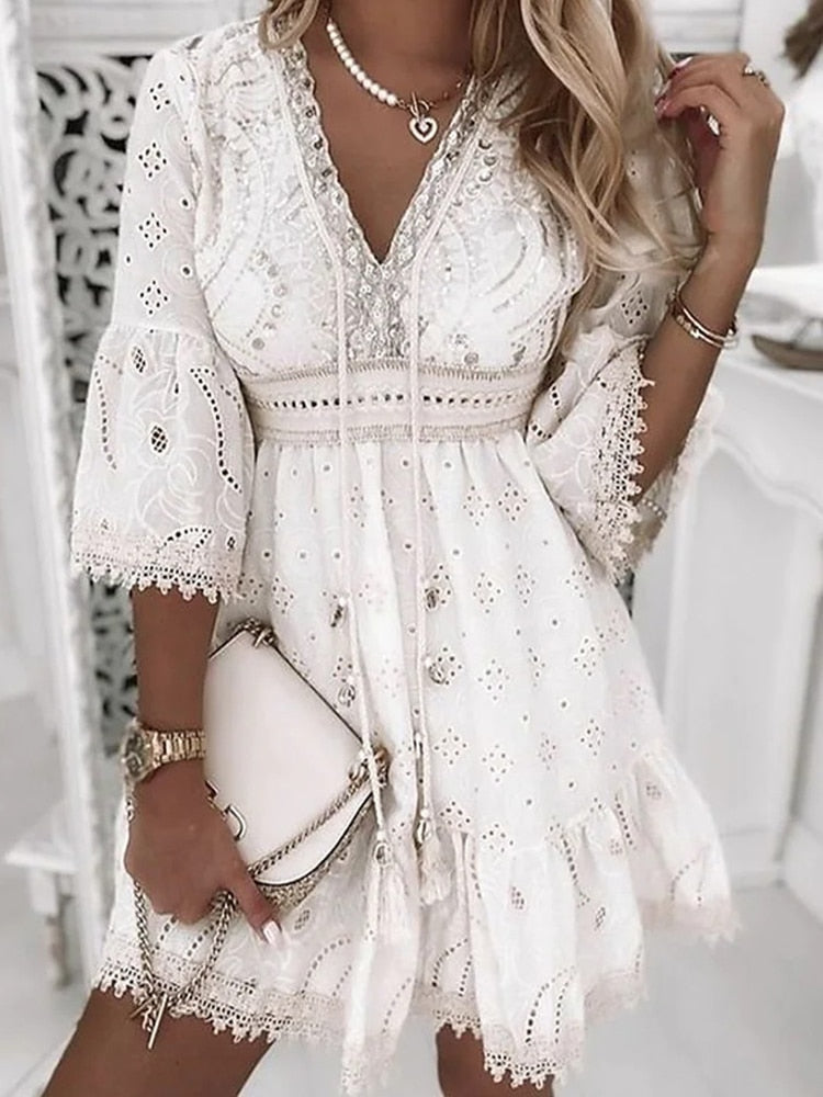 Sequin Embellished Eyelet Embroidery V-Neck Bell Sleeve Empire Waist Mini Dress