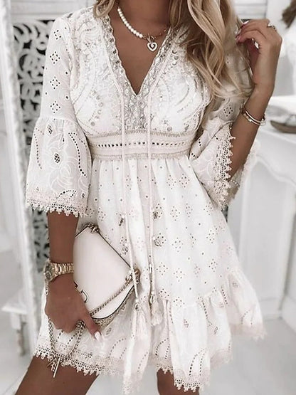 Sequin Embellished Eyelet Embroidery V-Neck Bell Sleeve Empire Waist Mini Dress