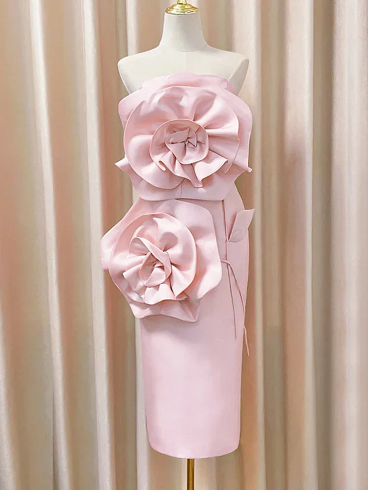 3D Floral Strapless Solid Mid-Calf Dress