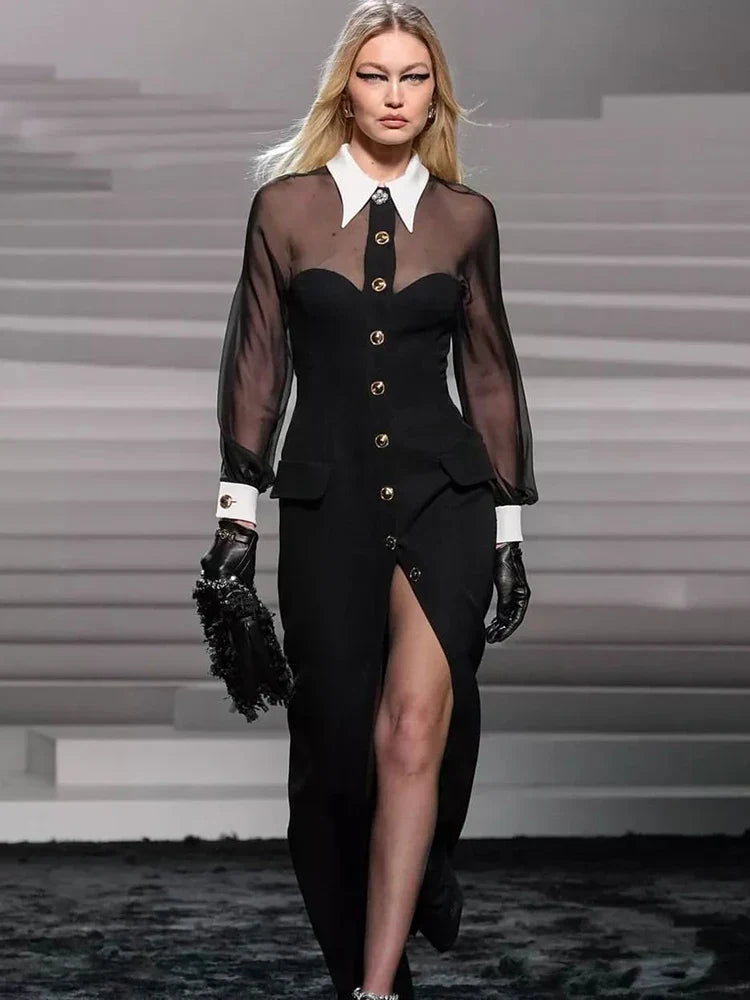 Lapel Mesh Patchwork Button Black Long Dress
