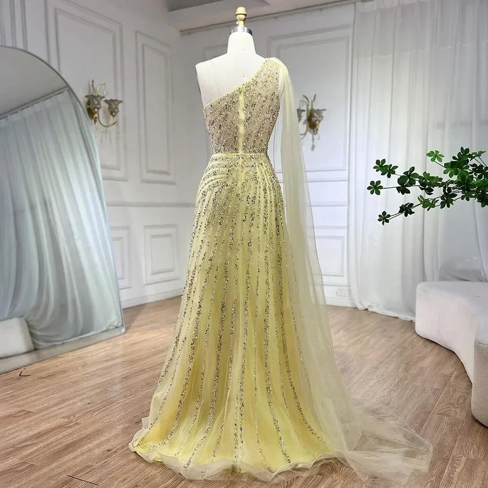 One-Shoulder Cape Sleeve Beaded Evening Dresses
