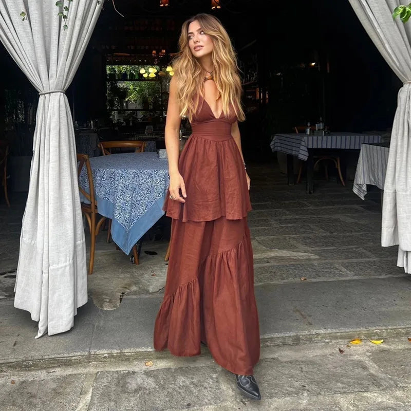 Brown V-neck Layered Maxi Dress