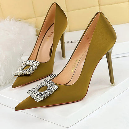 Rhinestone Women Pumps Silks Satins High Heels Stilettos Wedding Shoes