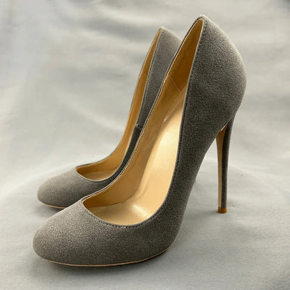 Grey Faux Suede Round Toe High Heel Shoes for Women