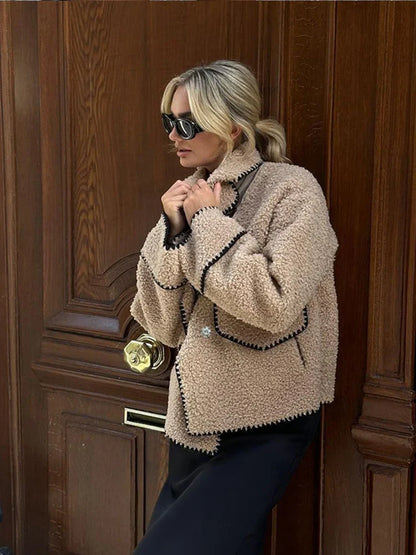 Women Contrasting One Button Lamb Woolen Coat Fashion Lapel Long Sleeves Short Plush Jacket Autumn Casual Lady Street Outwear