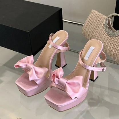 Pink Silk Bowknot Square Open Toe Super High Heels Sexy Sandals