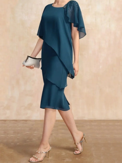 Asymmetric Beaded Shoulder Cape Sleeve Tiered Chiffon Knee Length Dress