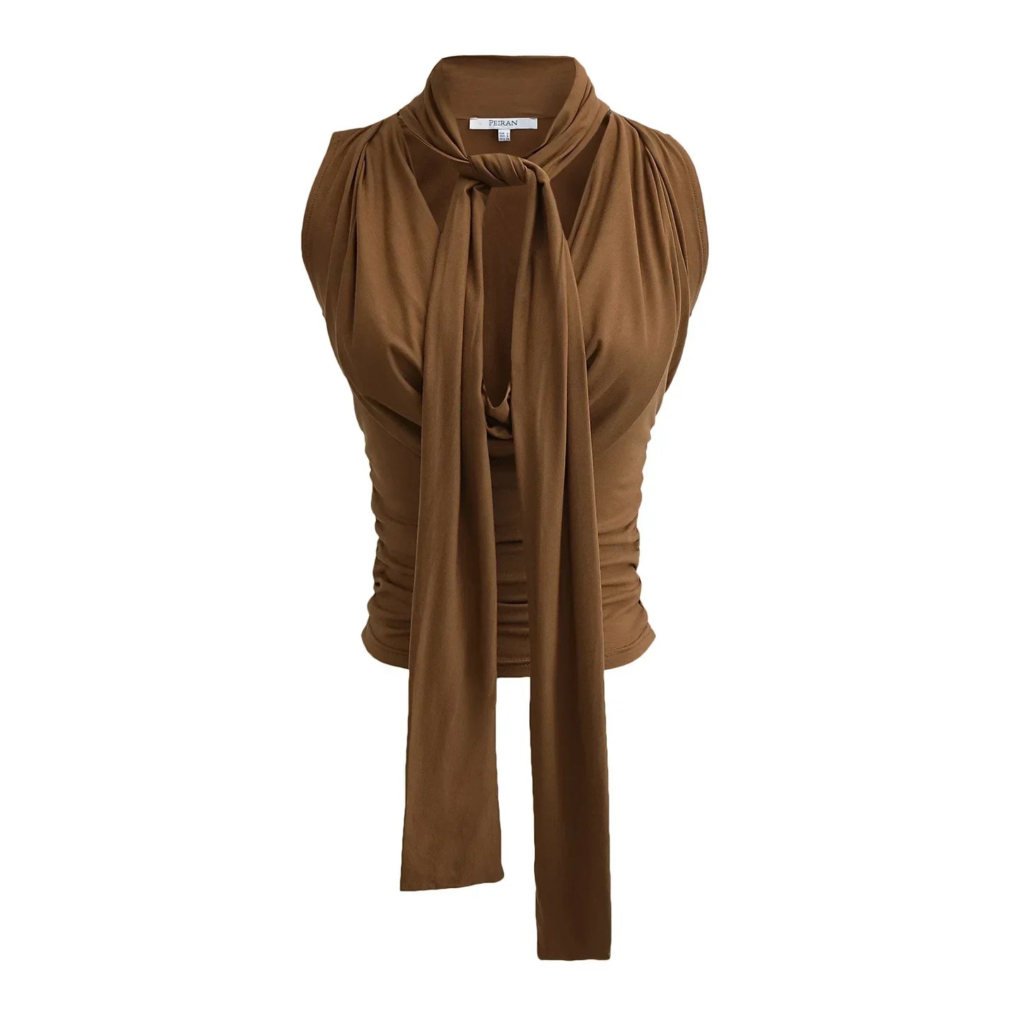 Women Sleeveless Tie Neck Plain Top JERSEY TOP WITH BOW Ruched V-neck Knot Detail Tank Top