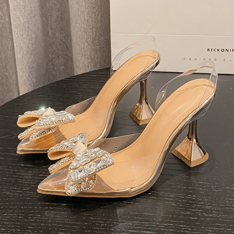 Spring Butterfly-knot Crystal Designer Pumps Women Transparent High Heels