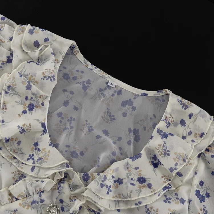 Floral Print Ruffle Collar Button Front Ruched Waist Mini Dress