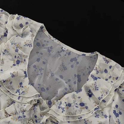Floral Print Ruffle Collar Button Front Ruched Waist Mini Dress