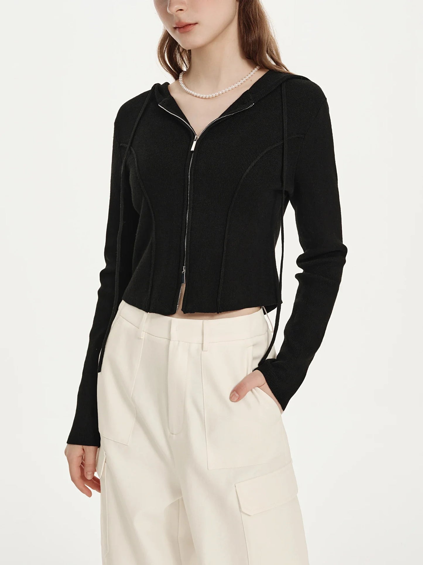 Hooded Herringbone Short Knit Cardigan