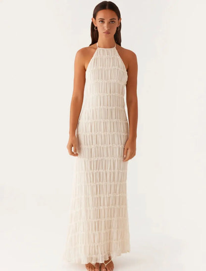 Backless Ruched Halter Ruffle Maxi Dress