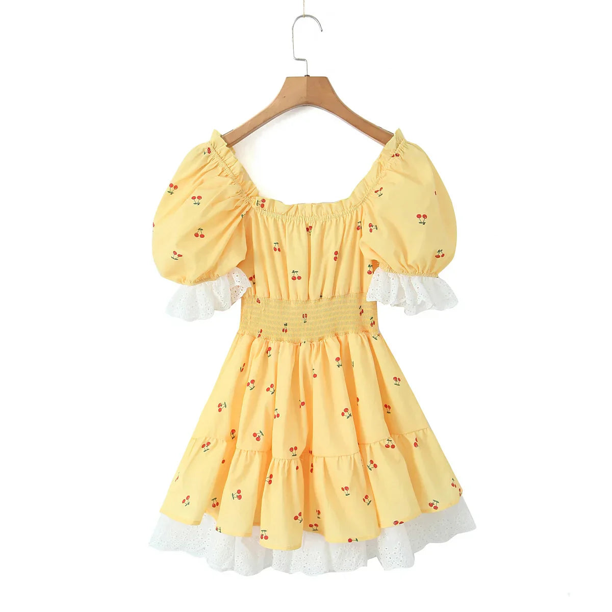 Print Puff Sleeve Ruffles Lace-up  Mini Dress