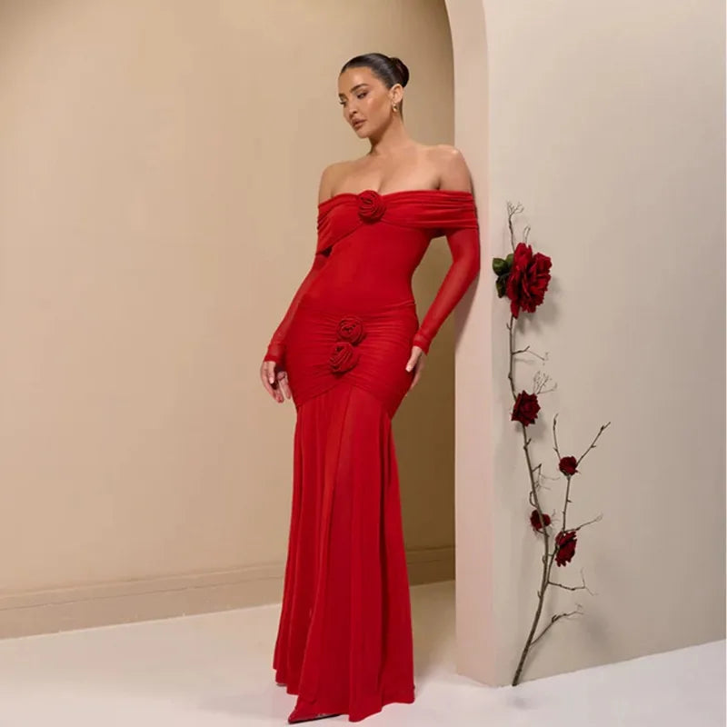 3D Flower-appliqué Mesh Long Sleeve Fishtail Maxi Dress