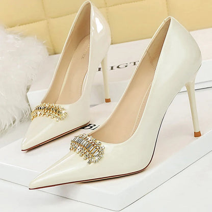 Rhinestone Women Pumps in Patent Leather with High Heels for Luxury Banquets