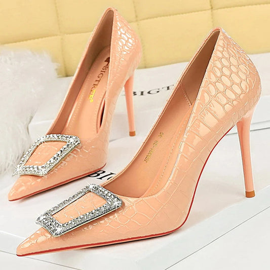 Patent Leather High Heels Women Pumps with Snake Pattern Design
