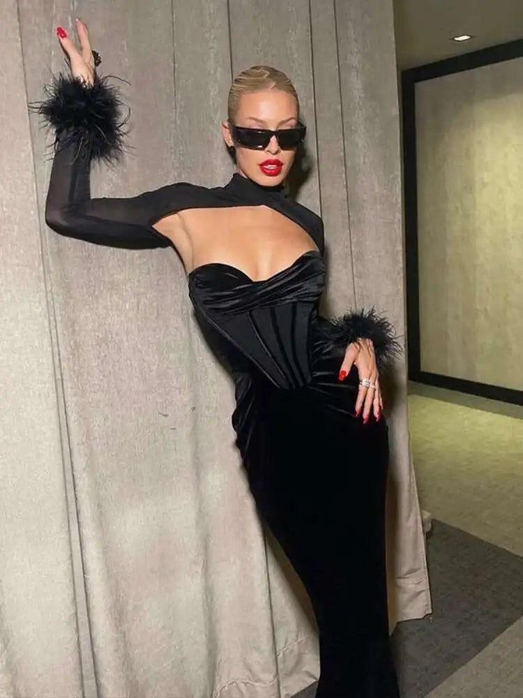 Mesh Feather Sleeve Bodycon Midi Dress