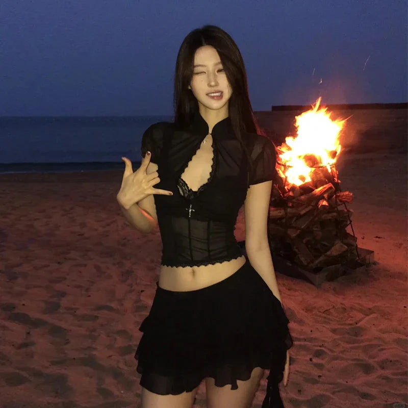 Mesh Lace Irregular Mini Skirt Two Piece Set