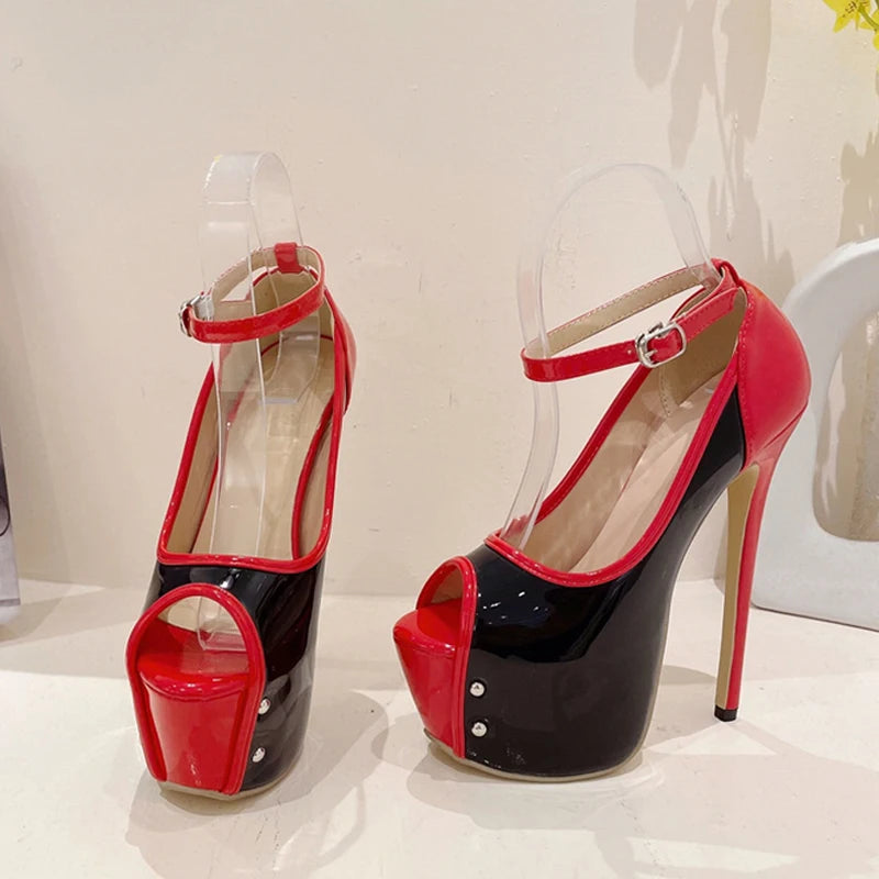 Black Red High Heels Women Sandal with Buckle Strap Platform Pumps