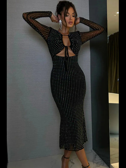 Sequin Sheer Long Sleeve Midi Dress