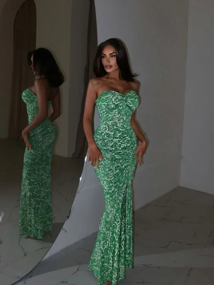 Strapless Print Trumpet Fold Party Dress