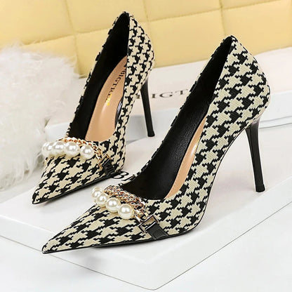 Spring Pearl Metal Chain High-heels Checked Grain Stilettos Women